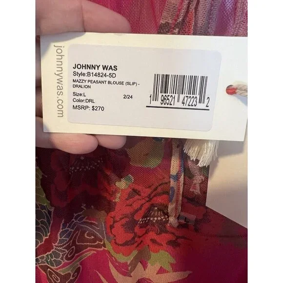 JOHNNY WAS Mazzy Floral Print Embroidered Mesh Large Split V-Neck Peasant Blouse - Picture 11 of 13